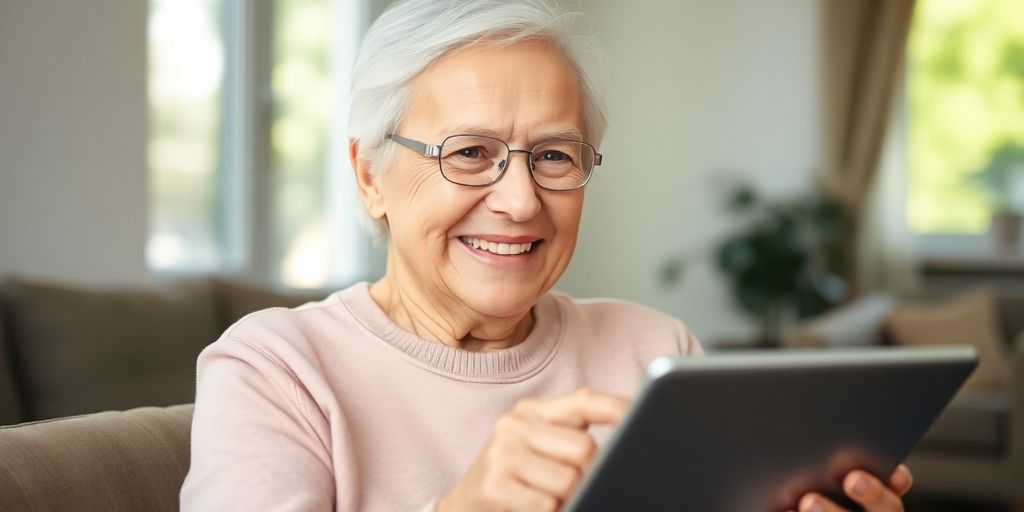 Elderly person using a tablet, smiling.