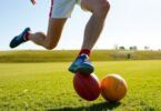 Aussie Rules player kicking a footy.