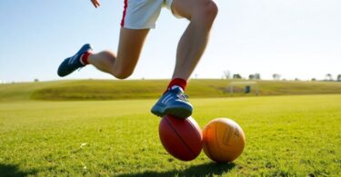 Aussie Rules player kicking a footy.