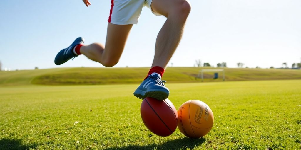Aussie Rules player kicking a footy.