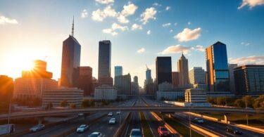 Melbourne skyline at sunrise, Herald Sun building.