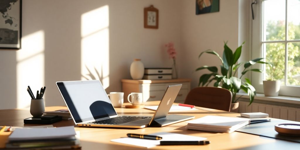 Australian woman working on laptop at home.