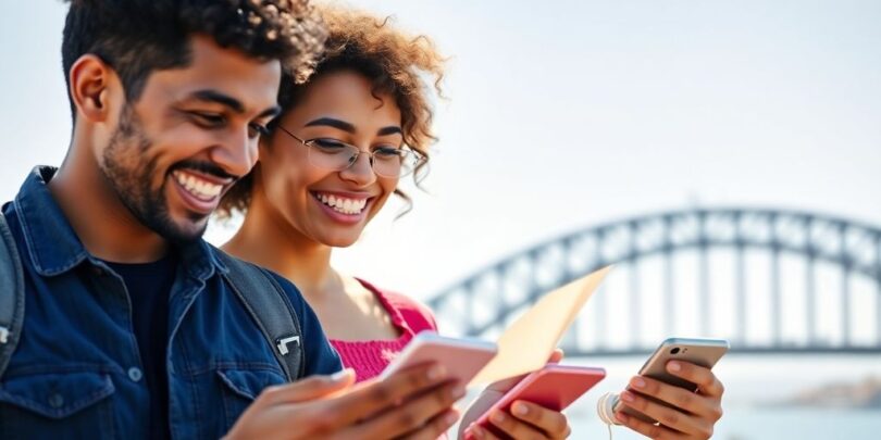 Happy Aussies on phones, Sydney Opera House in background.