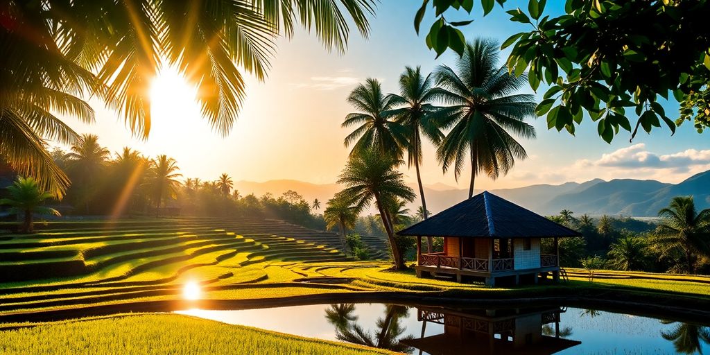 Bali's tranquil rice paddies at sunset.