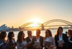 Sunrise over Sydney Harbour, business people.