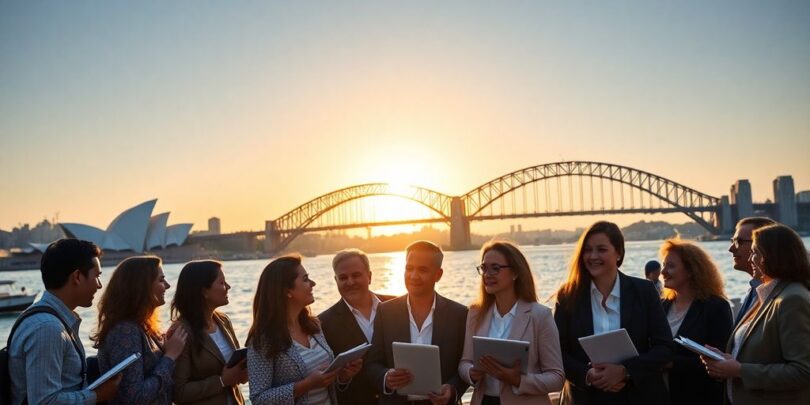 Sunrise over Sydney Harbour, business people.