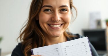 Aussie smiling with budget planner.