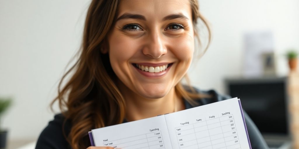 Aussie smiling with budget planner.