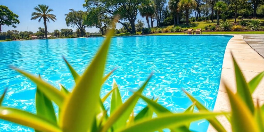 Sparkling blue water, lush green Queensland parkland.