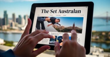 Newspaper on tablet, Perth skyline.