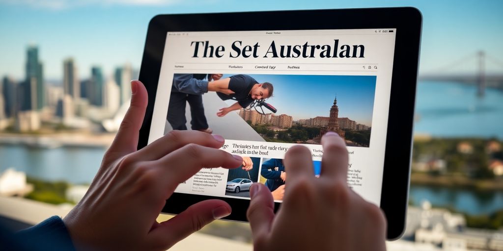 Newspaper on tablet, Perth skyline.