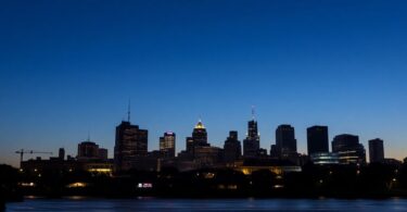 Melbourne skyline, solemn tone, dusk.