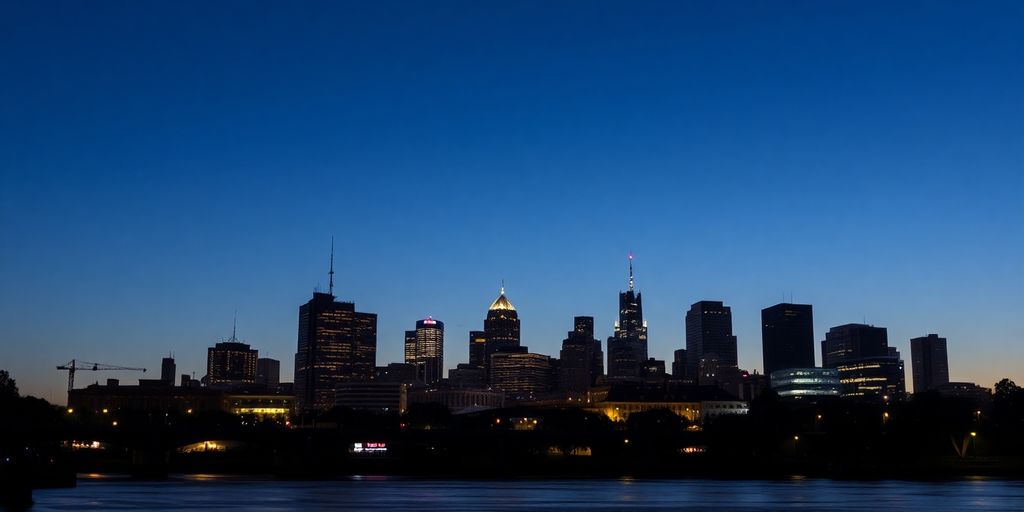 Melbourne skyline, solemn tone, dusk.