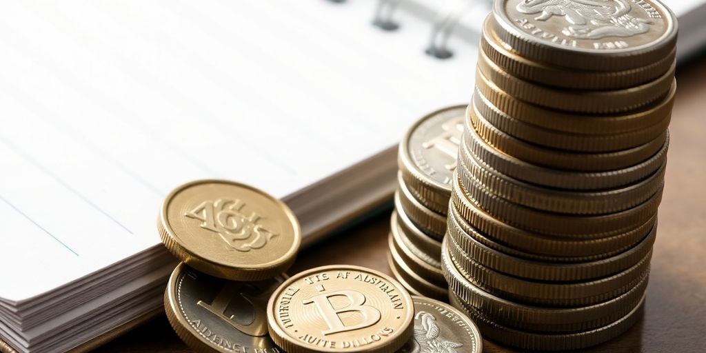 Australian dollar coins and a notebook.