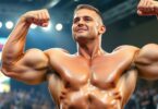 Muscly Aussie lifter flexing at fitness expo.