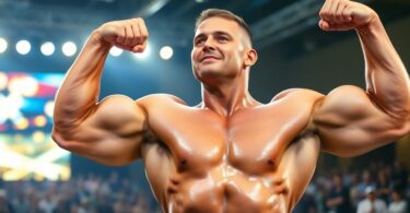 Muscly Aussie lifter flexing at fitness expo.