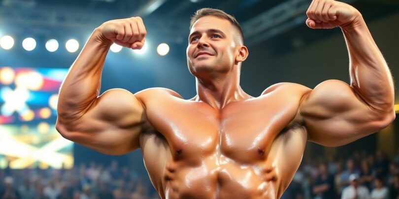 Muscly Aussie lifter flexing at fitness expo.
