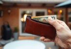 Confused Aussie bloke looking at empty wallet.