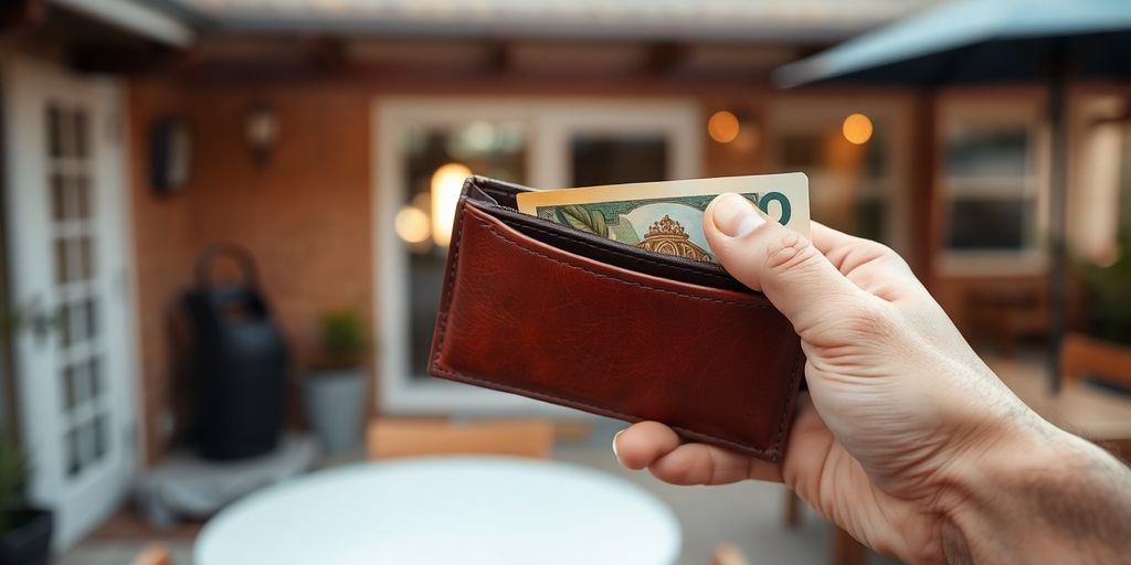 Confused Aussie bloke looking at empty wallet.