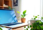 Laptop, coffee, and plants on a home desk.