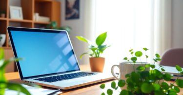 Laptop, coffee, and plants on a home desk.
