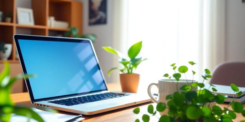 Laptop, coffee, and plants on a home desk.