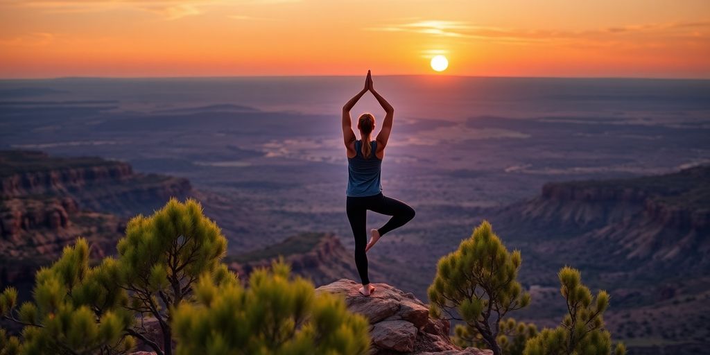 Outback sunset, yoga pose, eucalyptus.