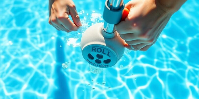 Bloke manually vacuuming sparkling blue backyard pool, sunny arvo.