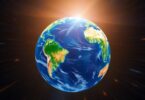 World globe spinning, news headlines overlay.
