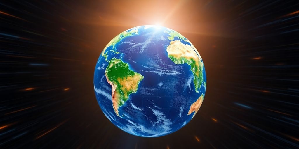 World globe spinning, news headlines overlay.