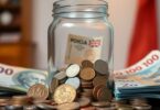 Aussie coins, bills, and a small savings jar.