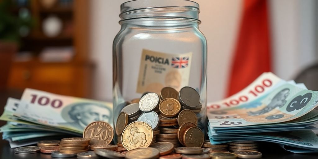 Aussie coins, bills, and a small savings jar.