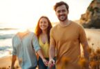 Aussie couple laughing under the sun.