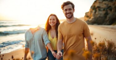Aussie couple laughing under the sun.