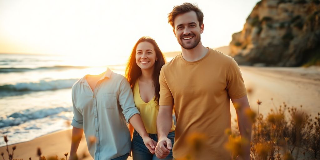 Aussie couple laughing under the sun.