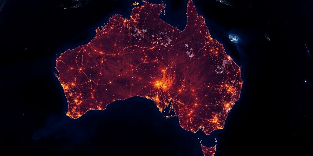 A satellite view of Australia with glowing connection lines.