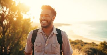Aussie couple laughing under sunny sky.