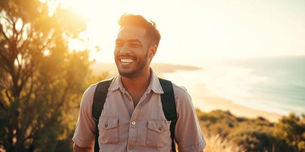 Aussie couple laughing under sunny sky.