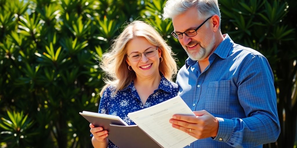 Aussie family planning finances outdoors.