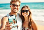 Happy Aussie couple on beach, phone in hand.