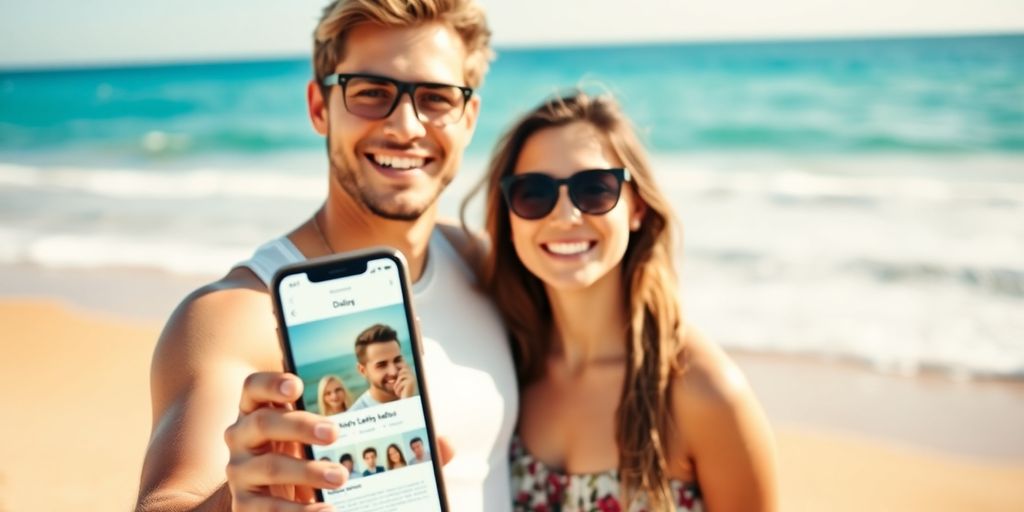 Happy Aussie couple on beach, phone in hand.