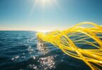 Australian coast with fibre optic cables stretching into the ocean.