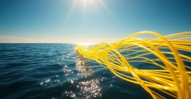 Australian coast with fibre optic cables stretching into the ocean.