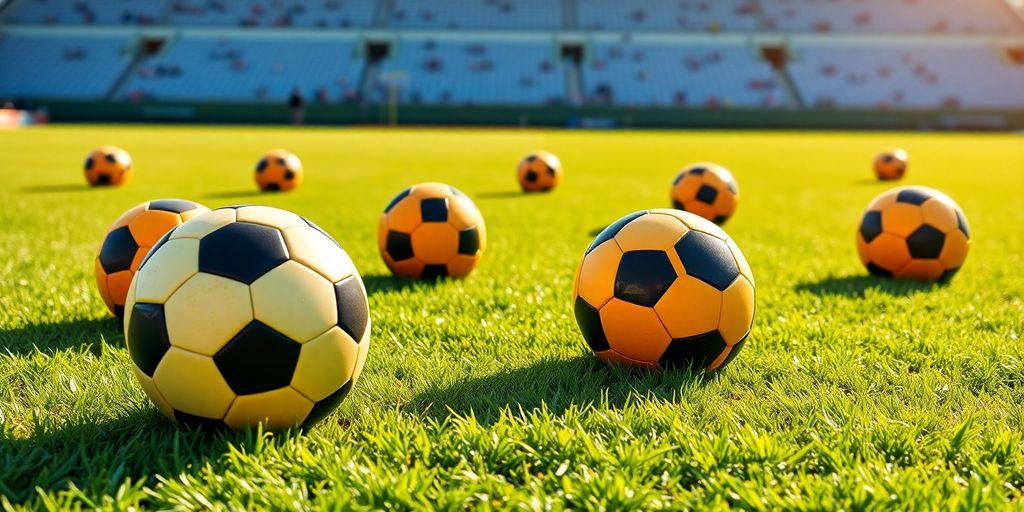 Shiny soccer balls, vibrant colours, Aussie pitch.
