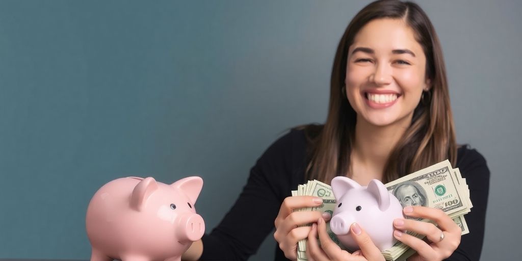 Person happily reviewing money with a balanced budget.