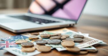 Aussie cash, coins, and a laptop.