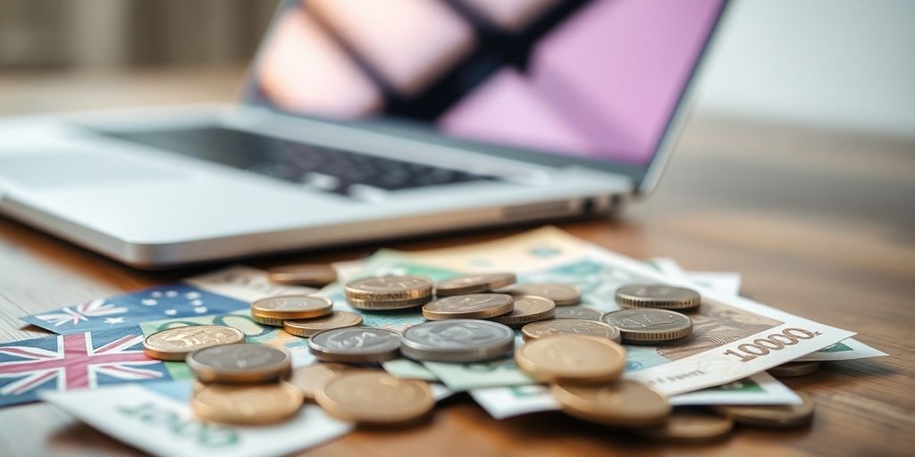 Aussie cash, coins, and a laptop.