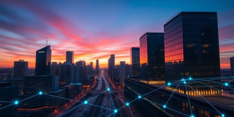 Modern Australian cityscape with glowing network connections.