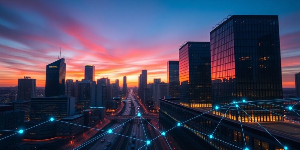 Modern Australian cityscape with glowing network connections.