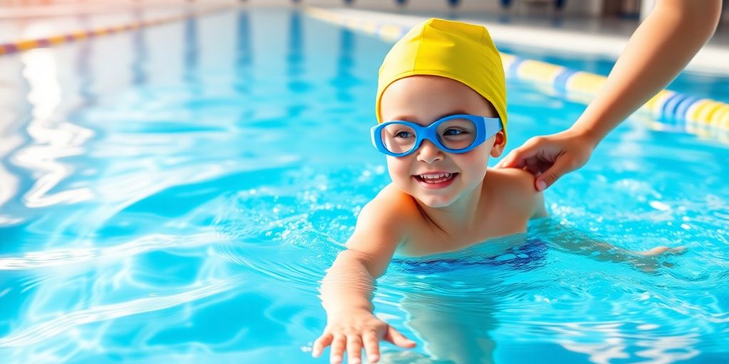 Kid learning to swim with an instructor, Aussie pool.